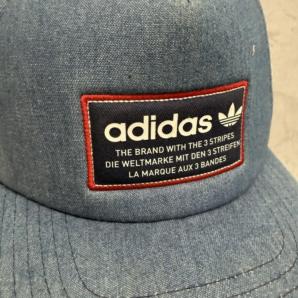 Adidas Hat Cap Snap Back One Size Blue‎ Denim Trefoil Patch Mesh Trucker Mens